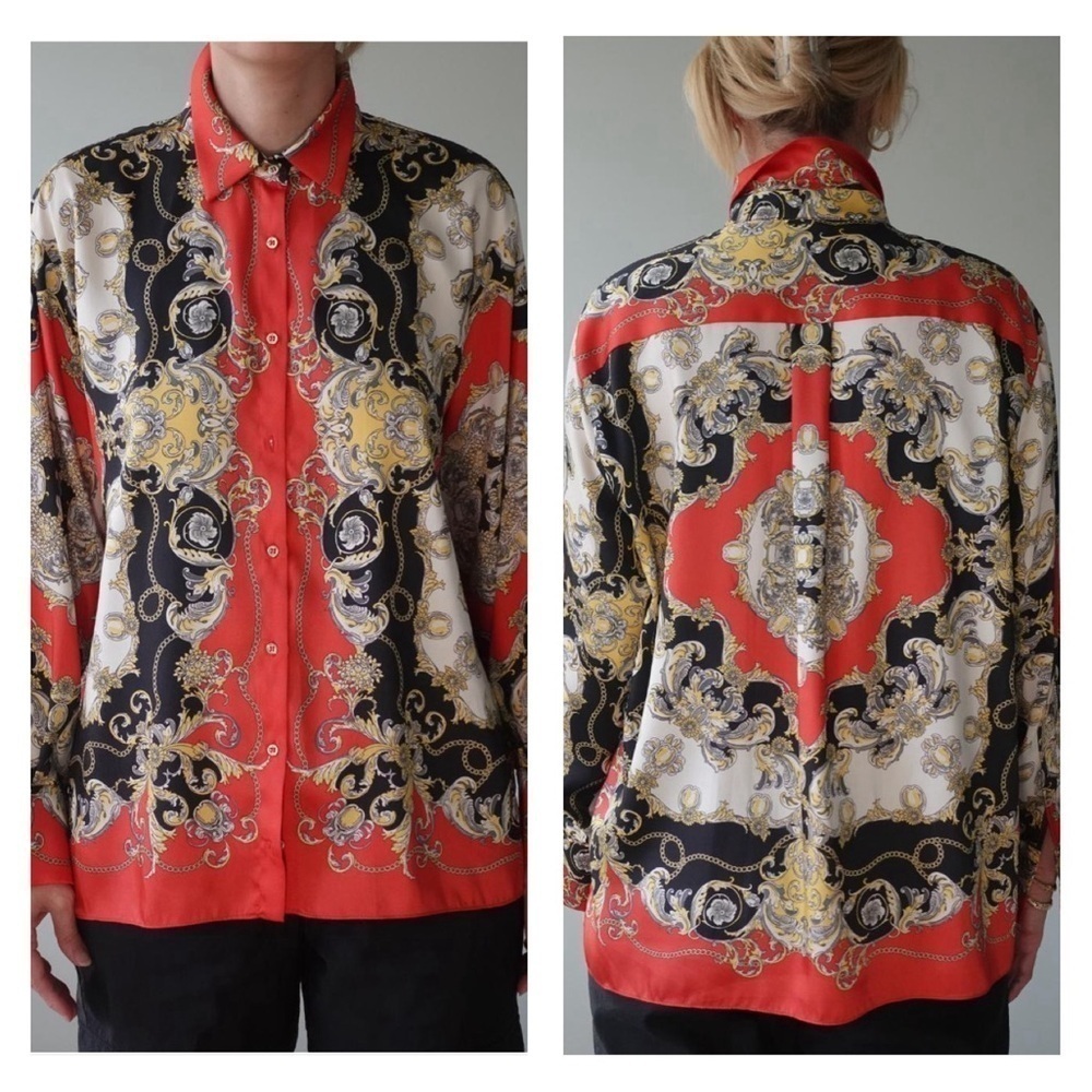 Zara Women’s Large Button Shirt Black Red Gold‎ Chains Scrolls Satin